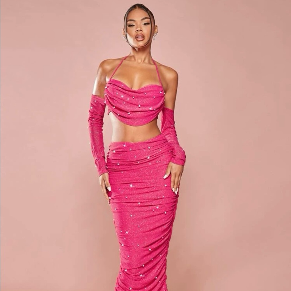 SHEIN BAE Pearl Detail Draped Front Halter Top & Ruched Skirt Set